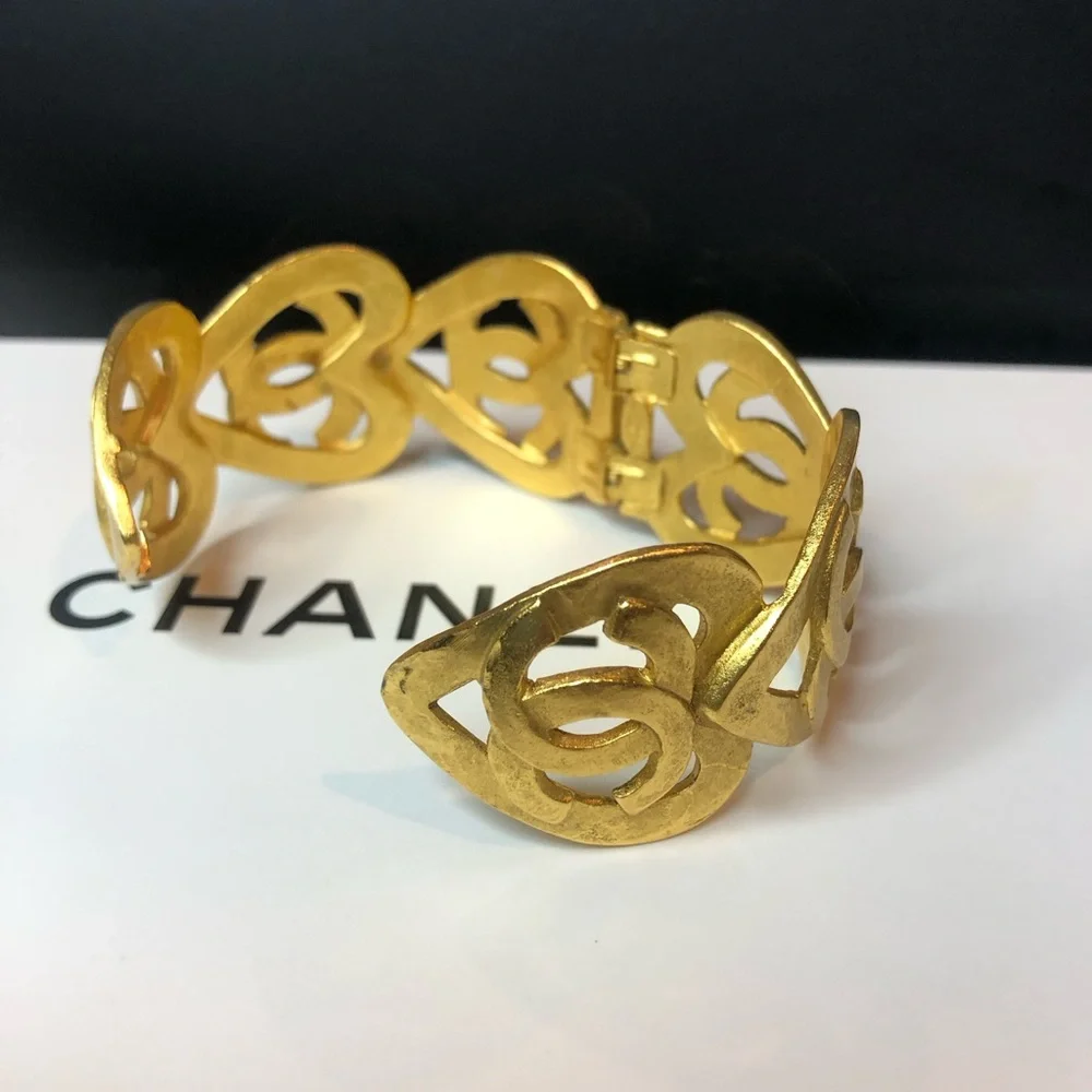CHANEL Gold Statement Cuff Bracelet Interlocking CC Open Heart Design w/ Box